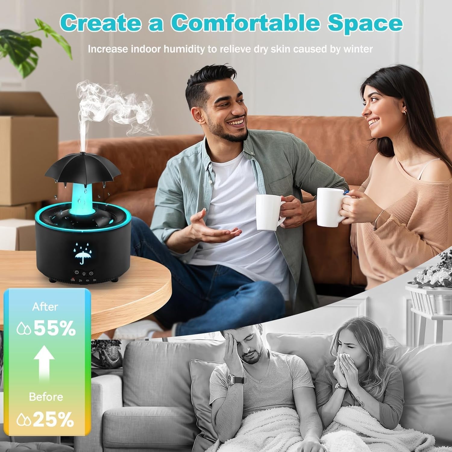 Humidifier for Bedroom, Rotating Umbrella Diffuser with Rain Drop Effect 7-Color LED, 300ML Small Humidifiers Aroma Diffuser with Remote & Timer, Funny Rain Humidifier Gift for Kid Teen Women (Black)