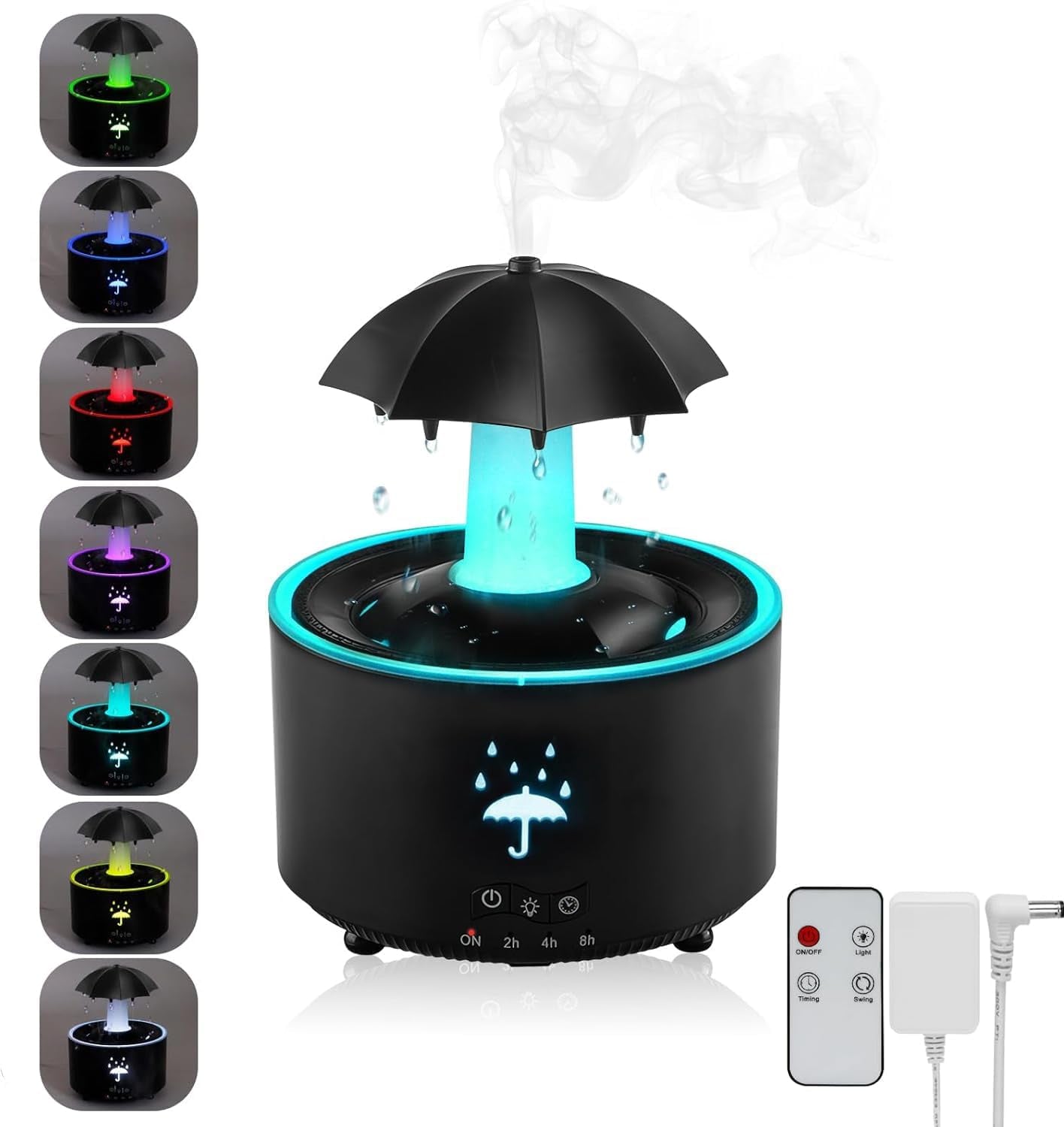 Humidifier for Bedroom, Rotating Umbrella Diffuser with Rain Drop Effect 7-Color LED, 300ML Small Humidifiers Aroma Diffuser with Remote & Timer, Funny Rain Humidifier Gift for Kid Teen Women (Black)