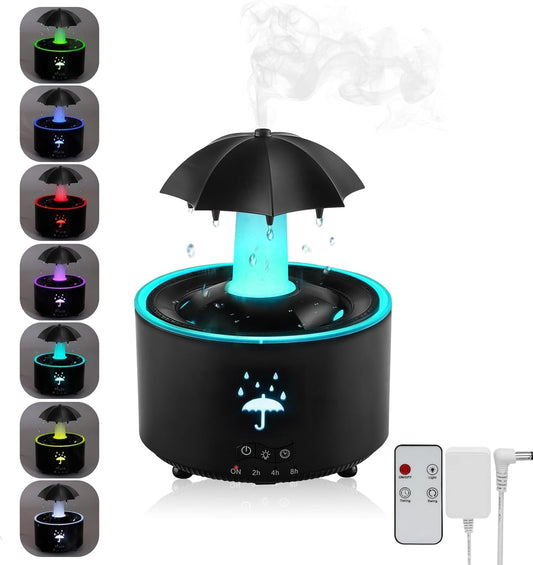 Humidifier for Bedroom, Rotating Umbrella Diffuser with Rain Drop Effect 7-Color LED, 300ML Small Humidifiers Aroma Diffuser with Remote & Timer, Funny Rain Humidifier Gift for Kid Teen Women (Black)