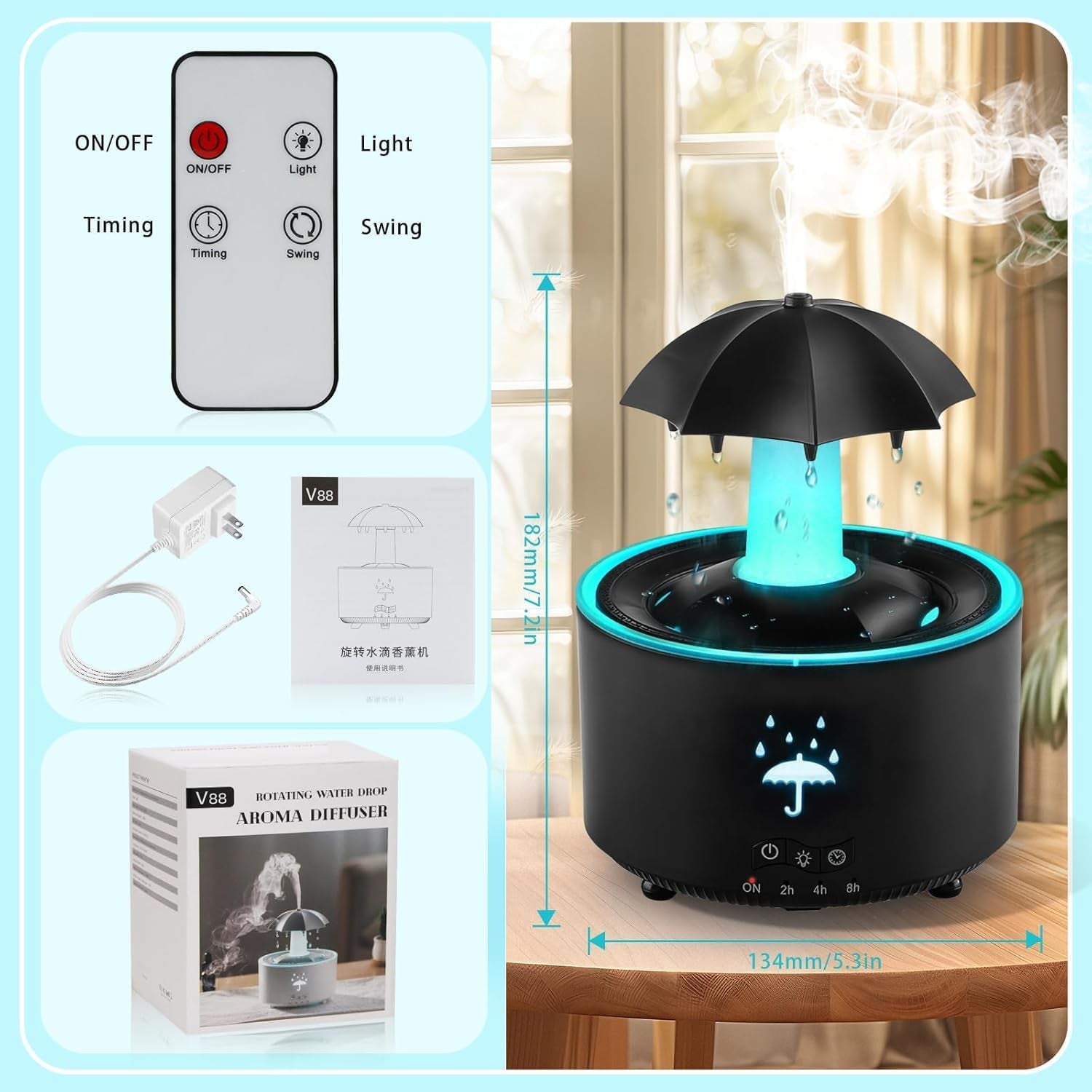 Humidifier for Bedroom, Rotating Umbrella Diffuser with Rain Drop Effect 7-Color LED, 300ML Small Humidifiers Aroma Diffuser with Remote & Timer, Funny Rain Humidifier Gift for Kid Teen Women (Black)
