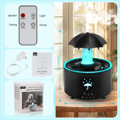 Humidifier for Bedroom, Rotating Umbrella Diffuser with Rain Drop Effect 7-Color LED, 300ML Small Humidifiers Aroma Diffuser with Remote & Timer, Funny Rain Humidifier Gift for Kid Teen Women (Black)