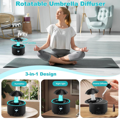Humidifier for Bedroom, Rotating Umbrella Diffuser with Rain Drop Effect 7-Color LED, 300ML Small Humidifiers Aroma Diffuser with Remote & Timer, Funny Rain Humidifier Gift for Kid Teen Women (Black)