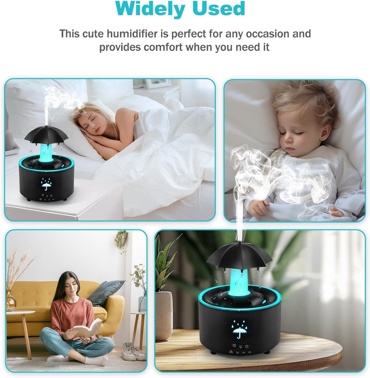Humidifier for Bedroom, Rotating Umbrella Diffuser with Rain Drop Effect 7-Color LED, 300ML Small Humidifiers Aroma Diffuser with Remote & Timer, Funny Rain Humidifier Gift for Kid Teen Women (Black)