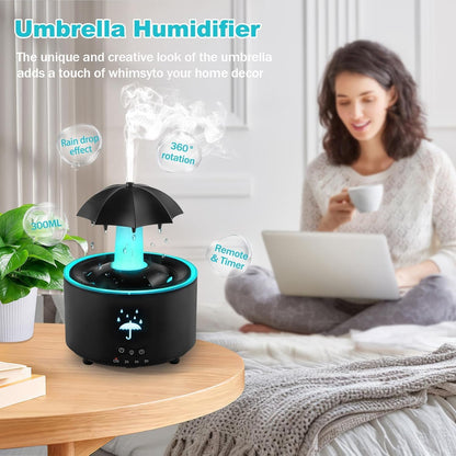Humidifier for Bedroom, Rotating Umbrella Diffuser with Rain Drop Effect 7-Color LED, 300ML Small Humidifiers Aroma Diffuser with Remote & Timer, Funny Rain Humidifier Gift for Kid Teen Women (Black)